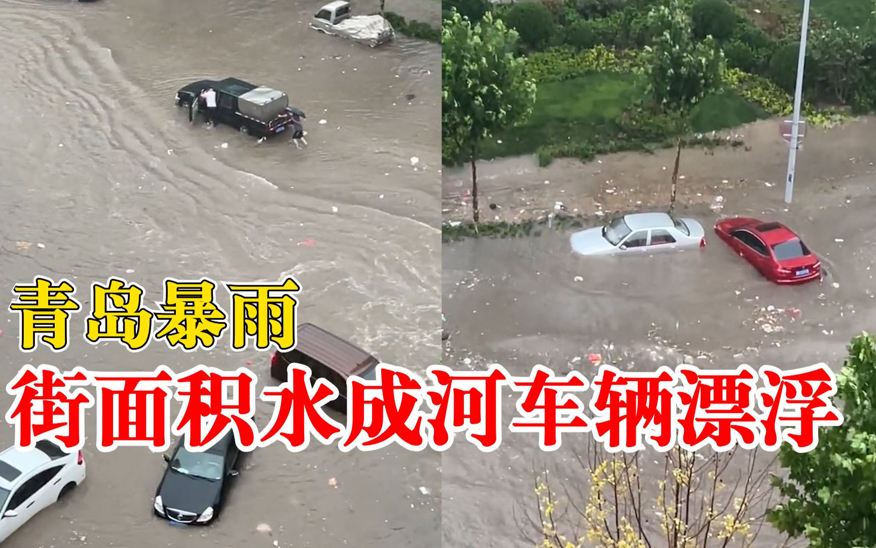 注意安全！青岛暴雨街面积水成河车辆漂浮：有市民下车推行