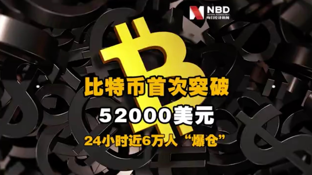 比特币首次突破52000美元，24小时近6万人“爆仓”