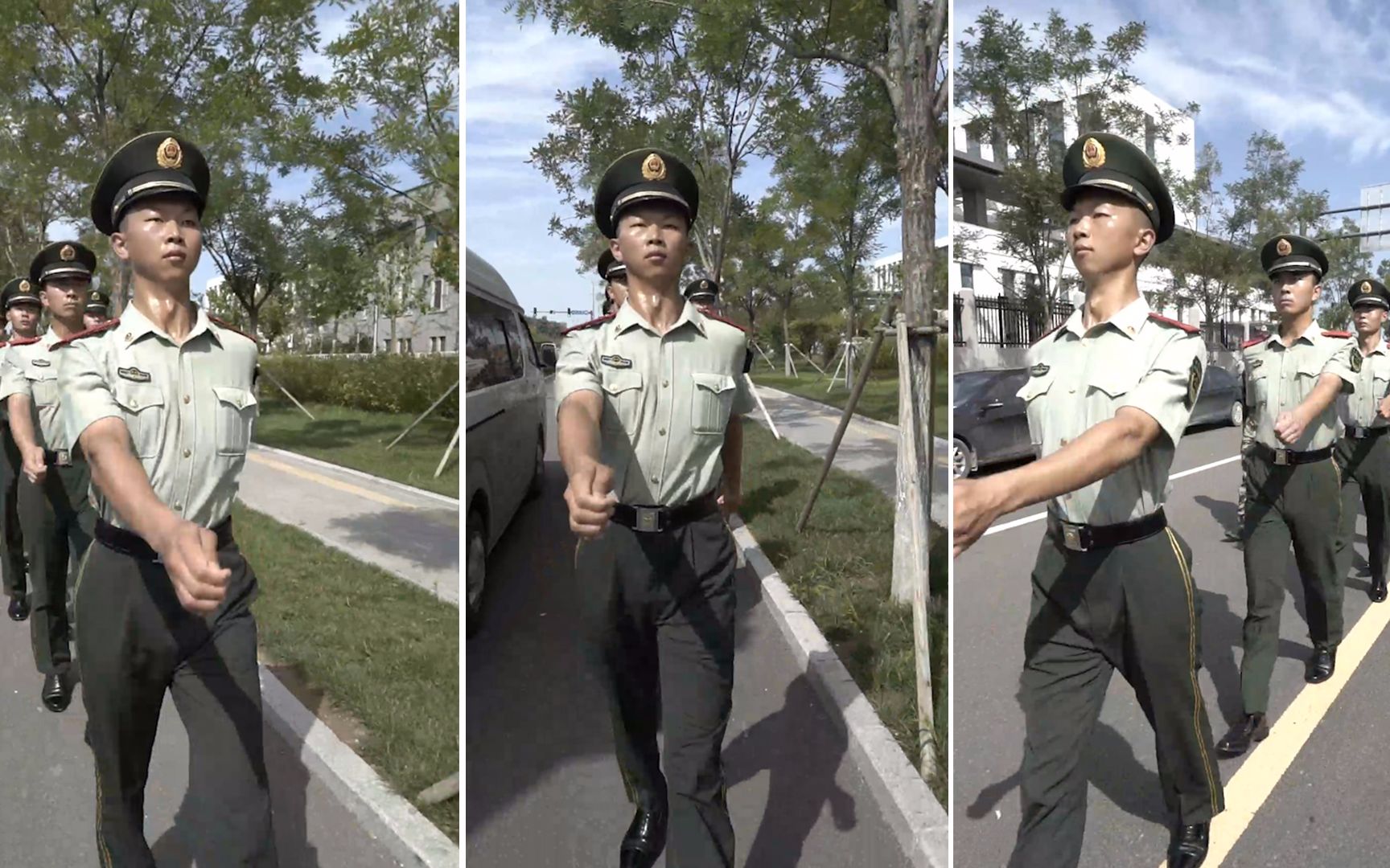 中国军人不管走在哪 都是一条线！
