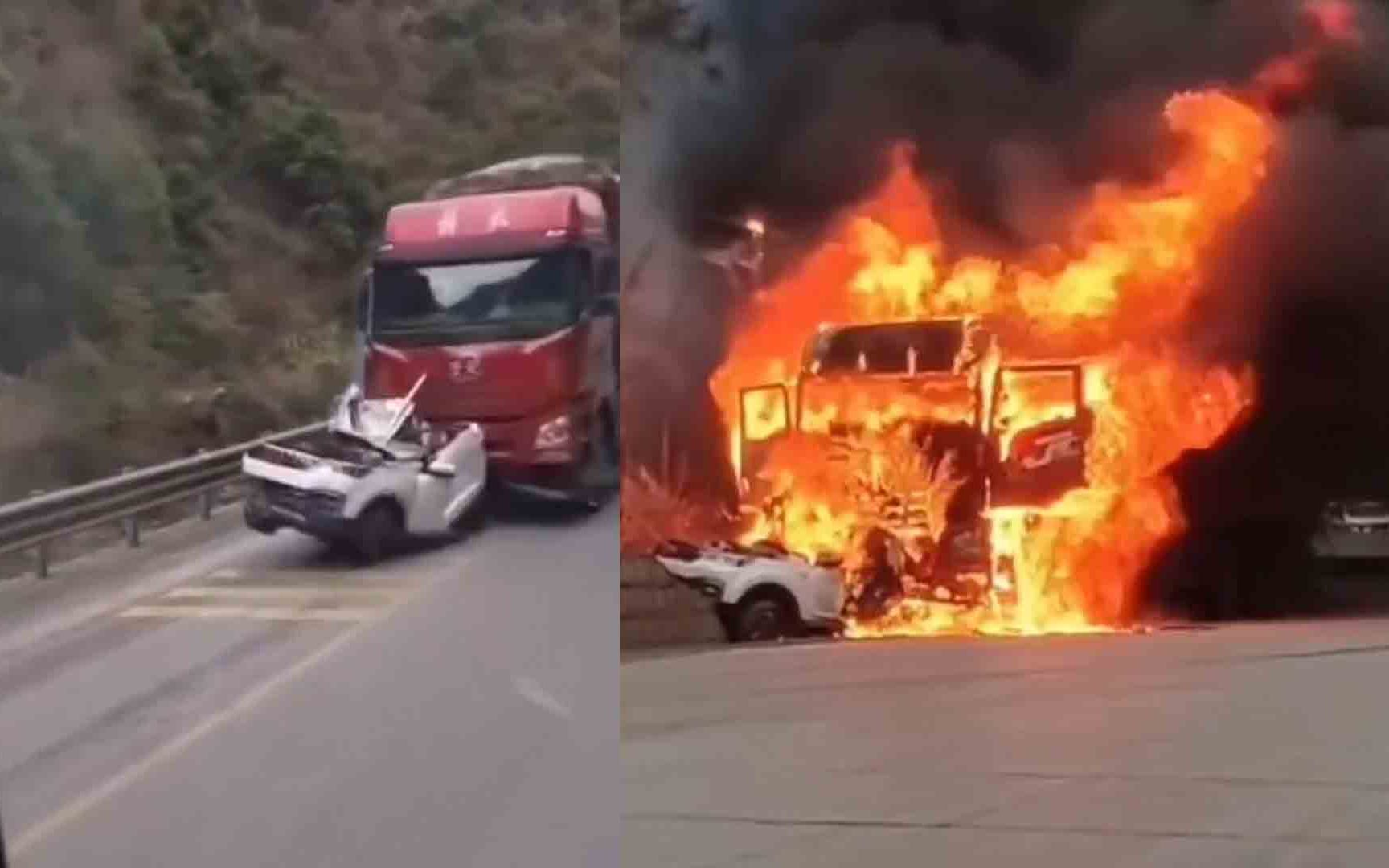 云南华宁5死1伤车祸瞬间曝光：轿车遭追尾后被前后货车“肢解”