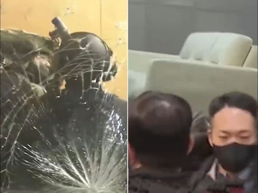 韩国国会对峙冲突现场：主楼内人员用沙发堵门，部分韩国军人破窗而入