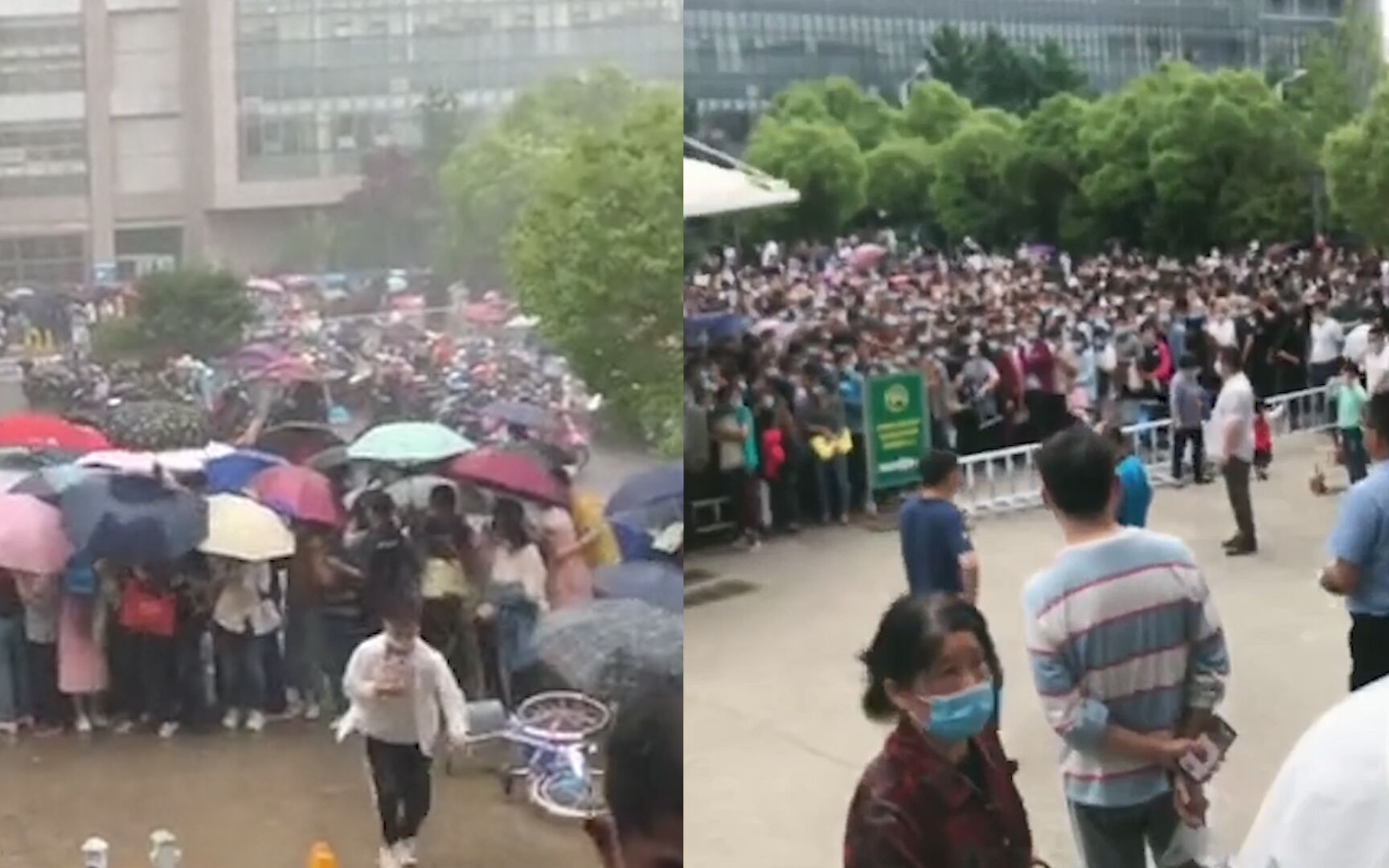 实拍合肥安医大二附院：市民冒着暴雨排队打疫苗，现场人山人海