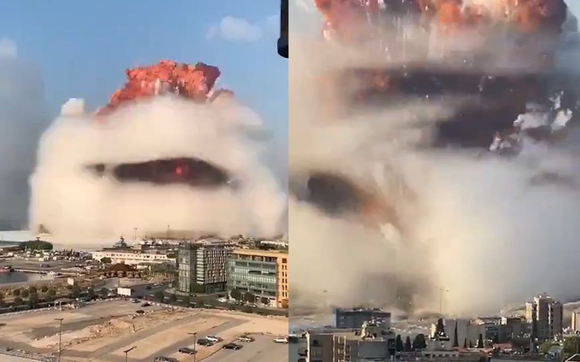 黎巴嫩首都突发大爆炸 巨大蘑菇云突然升起 拍摄者瞬间被冲击波掀翻