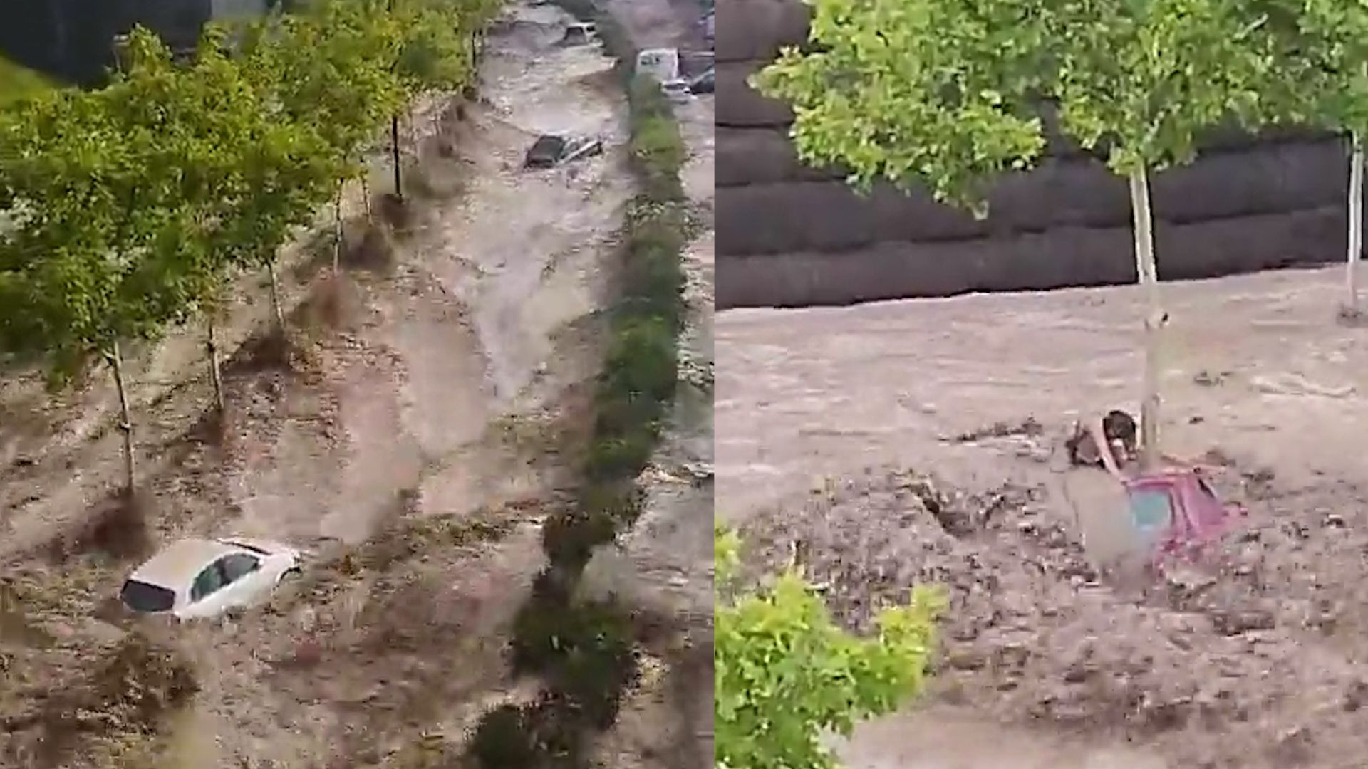 直击西班牙北部暴雨洪水：急流冲走街道车辆 车主跪车顶绝望求生