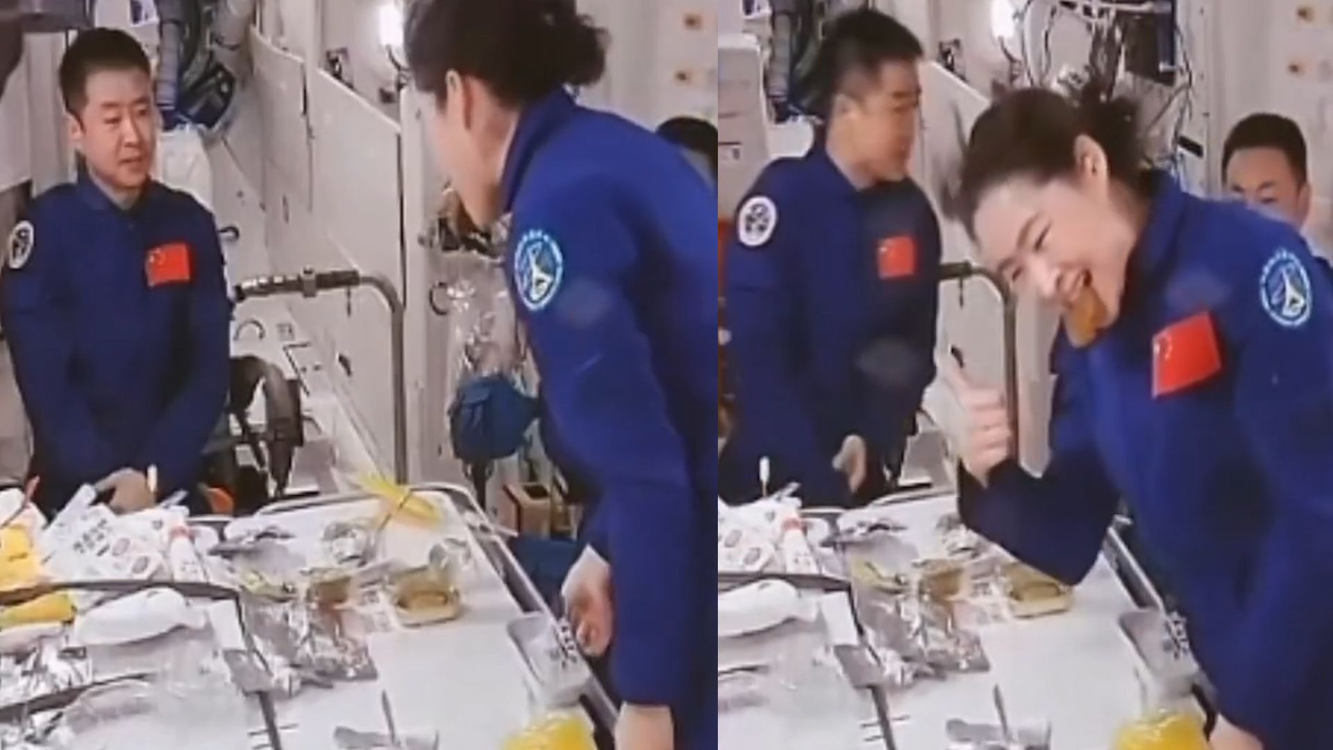 航天员在太空吃上月饼：刘洋现场表演"绝活" 成功后开心竖大拇指