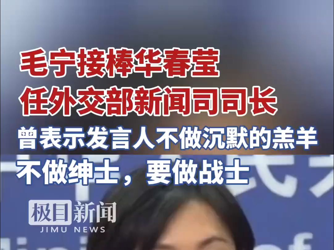 毛宁接棒华春莹，任外交部新闻司司长。她曾表示发言人不做沉默的羔羊，不做绅士，要做战士。