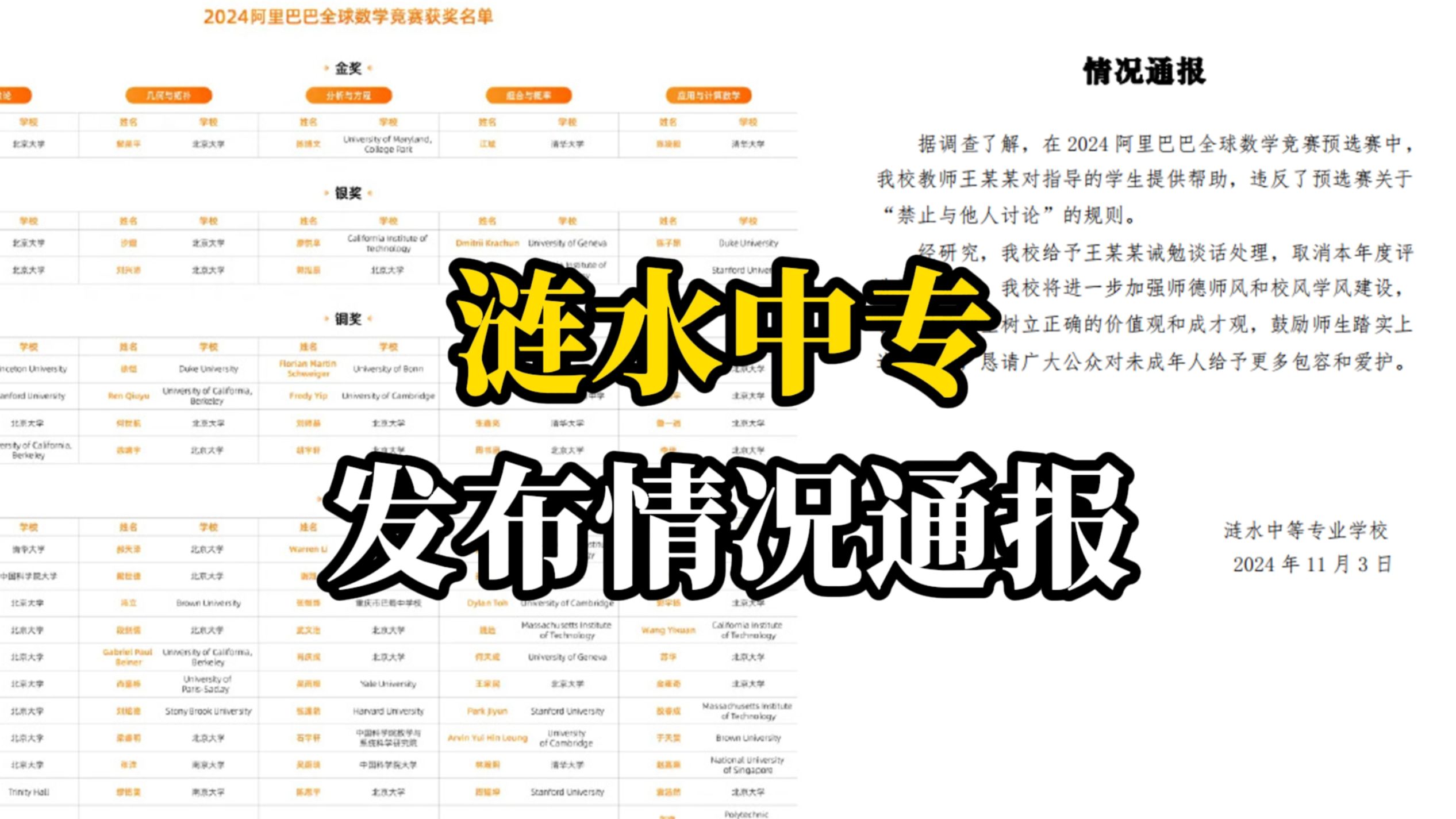 阿里巴巴全球数学竞赛获奖名单公布，涟水中专发布情况通报：王某某为指导的学生竞赛提供帮助被处分