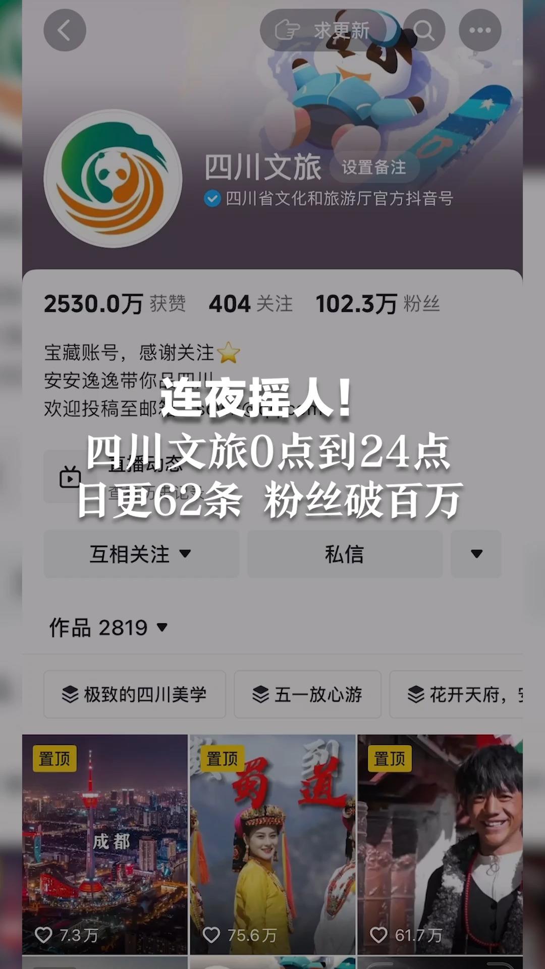 连夜摇人！四川文旅0点到24点日更62条 第二天粉丝破百万