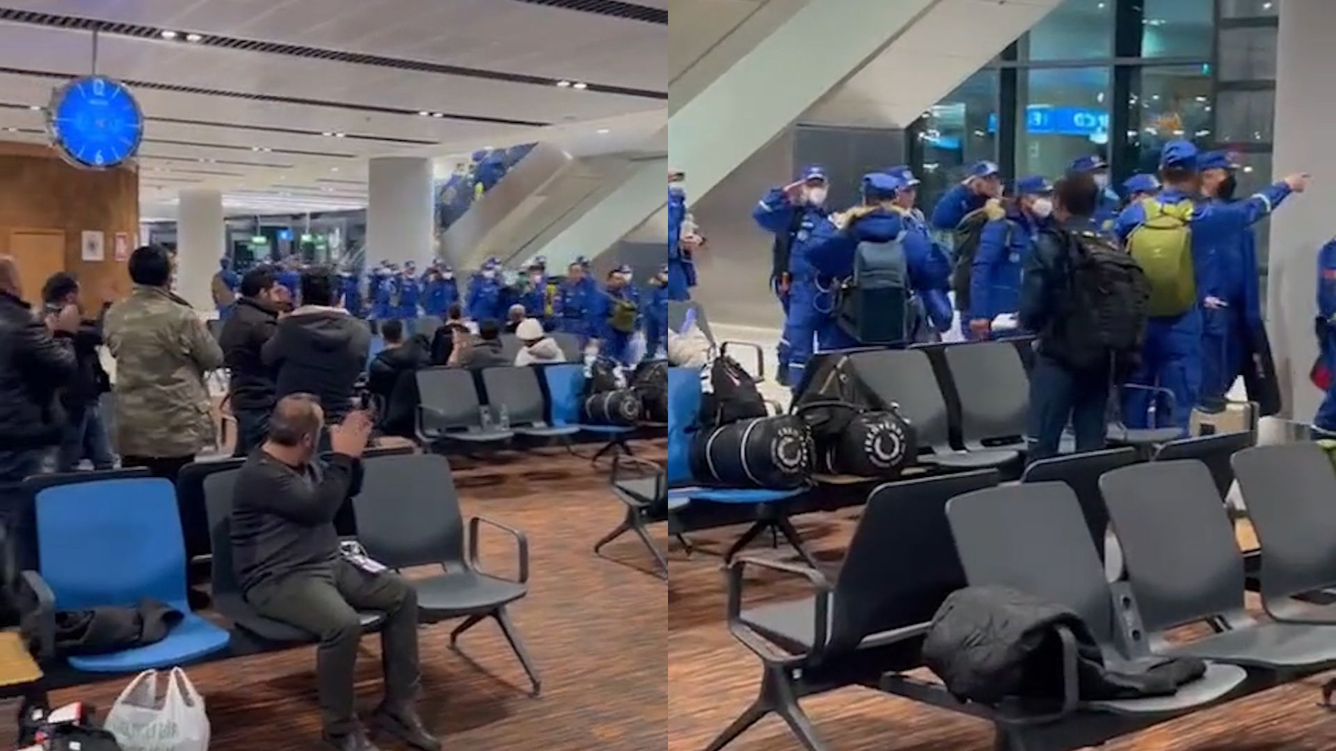 蓝天救援队抵达土耳其机场 大厅内旅客起立鼓掌致敬 掌声经久不息