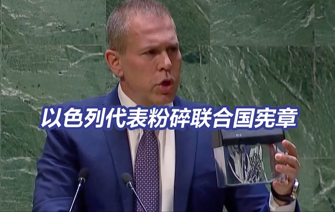 联大会议现场，以色列代表粉碎联合国宪章