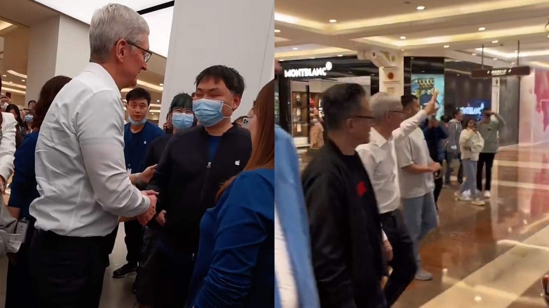 现场：苹果CEO库克“中国行”访问上海零售店 与视障店员握手交流