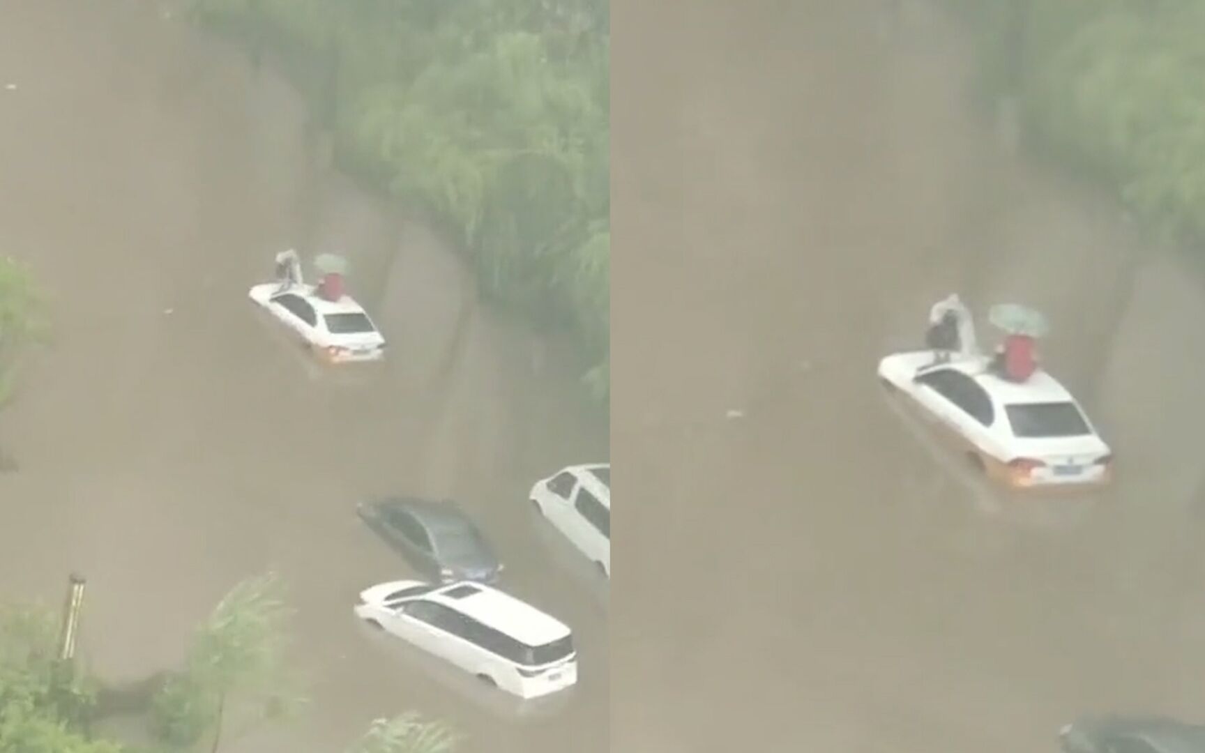 街上积水成河 出租车司机“闯关”失败淹在水中 无奈坐车顶等救援