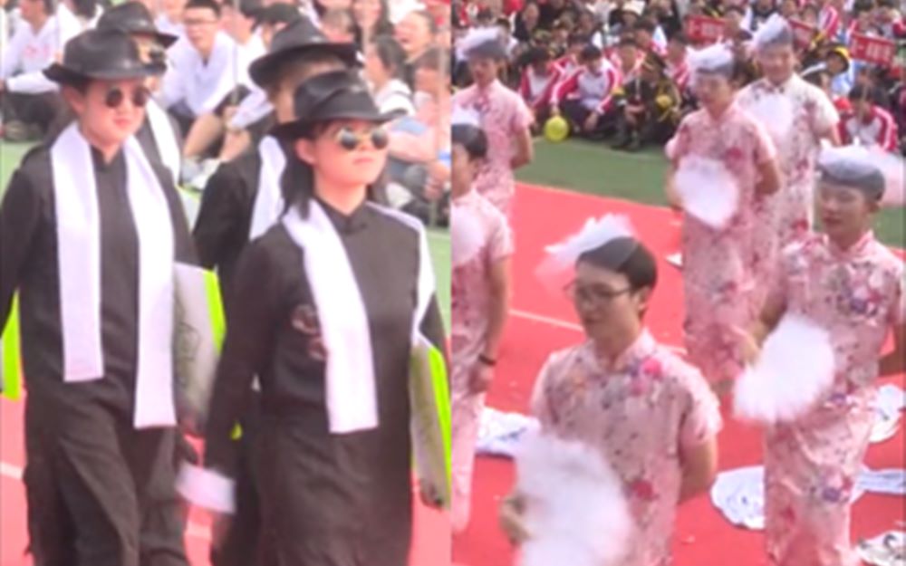 中学艺体节上的反串表演：女生穿长褂帅气十足 男生穿旗袍大秀舞姿