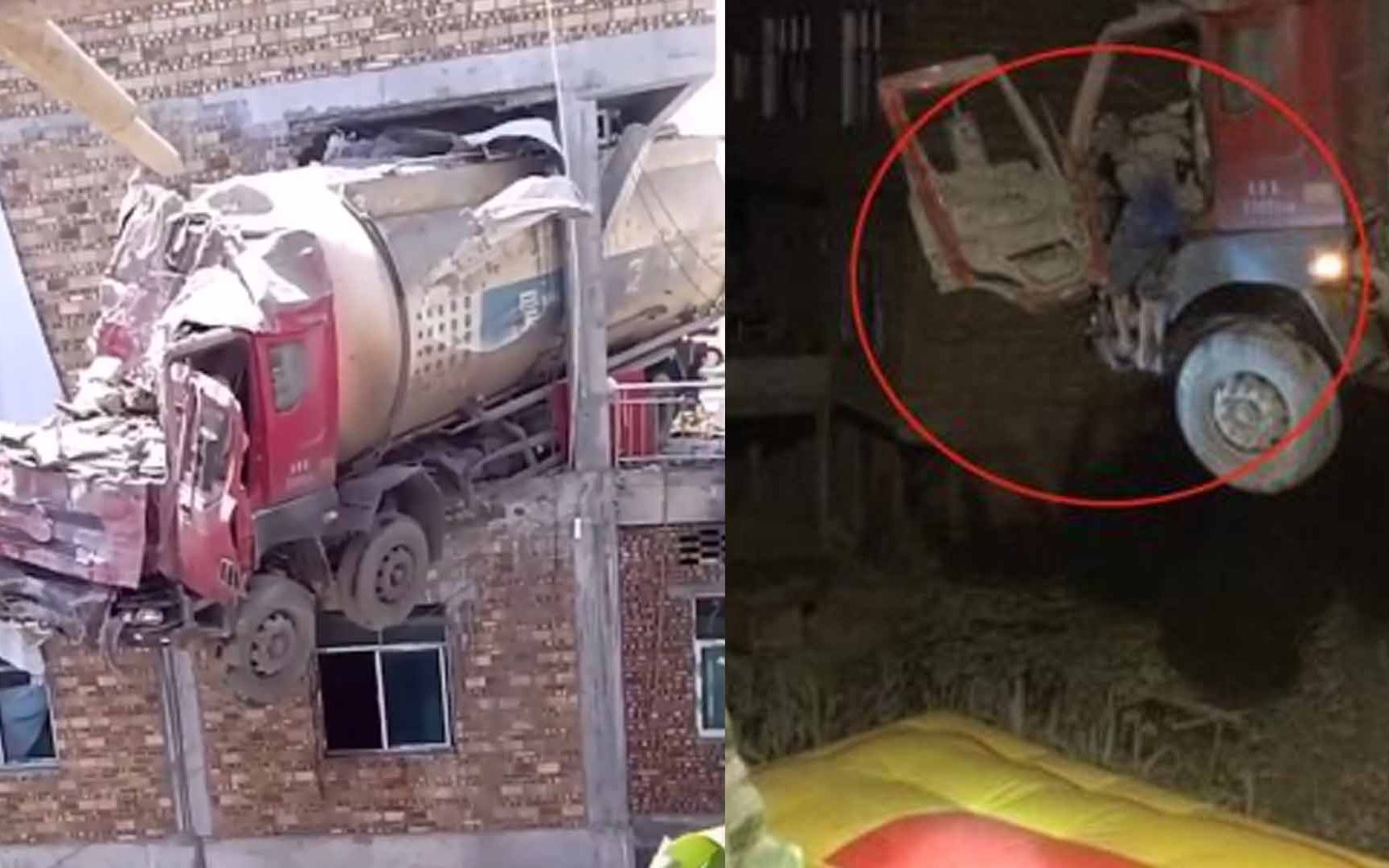 水泥罐车深夜撞进民房！半截车身悬空挂二楼 驾驶员跳气垫获救