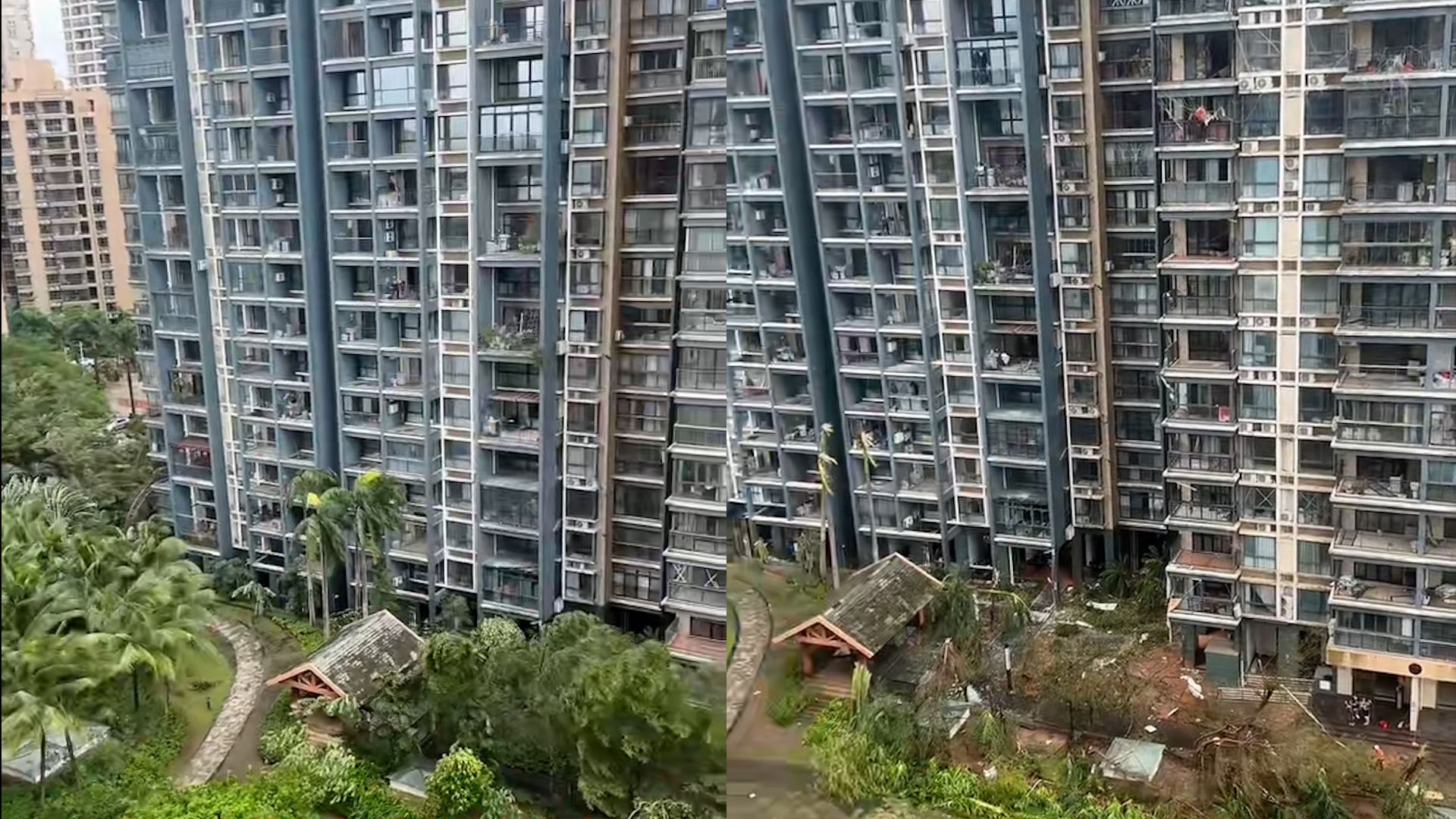 海口一住宅小区经历“摩羯”前后景象：多户玻璃窗被刮掉 树断砸车