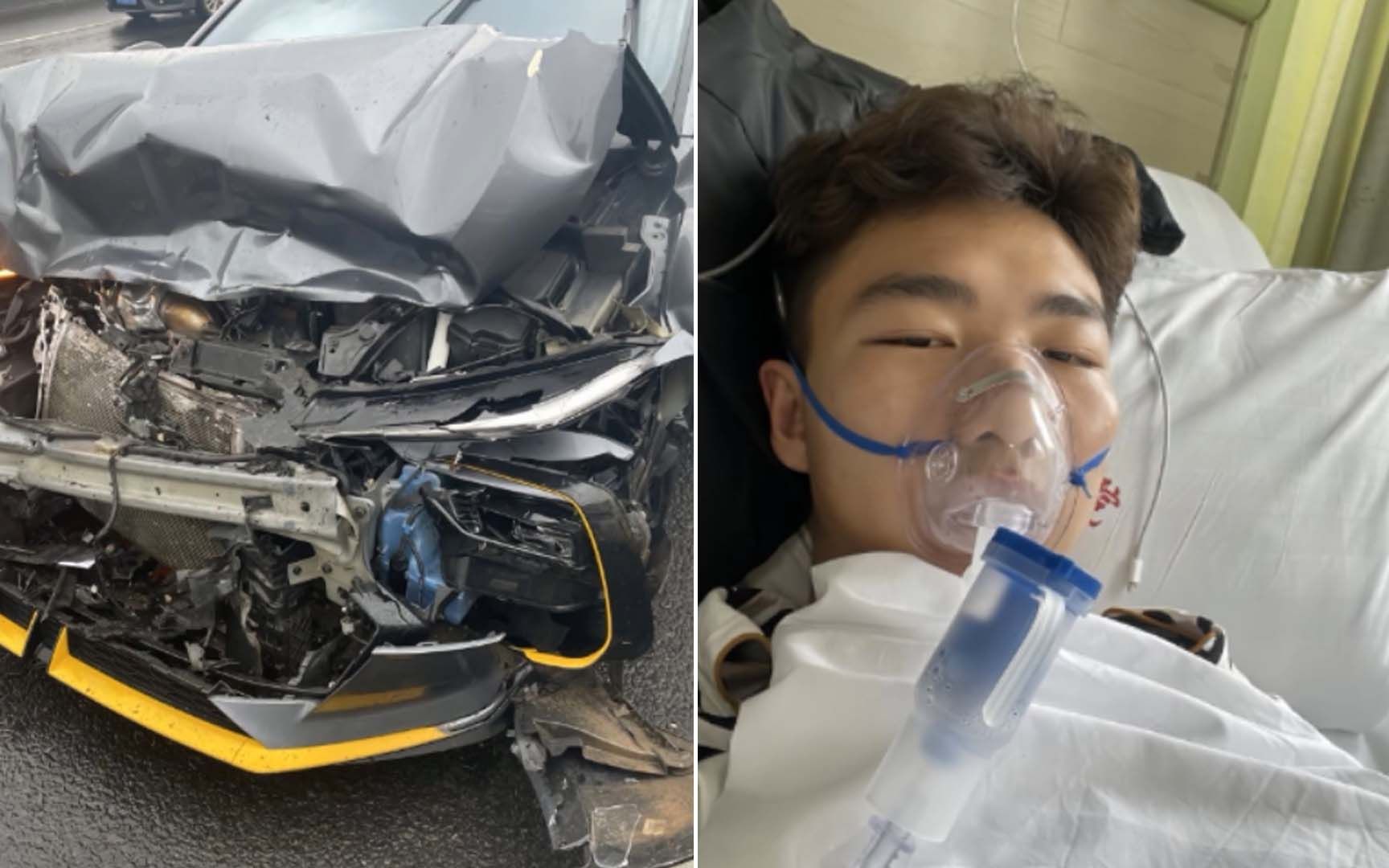男子撞车后车辆损毁严重 淡定自拍记录惊魂一刻：事已至此 心态放好