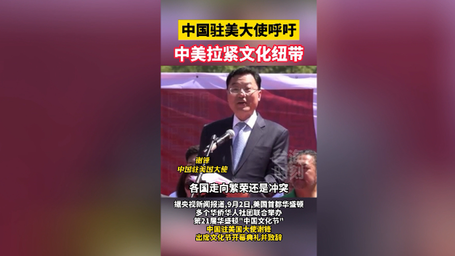 中国驻美大使呼吁中美拉紧文化纽带