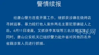 唐山女子遭殴打：警方再抓获3名涉案人员
