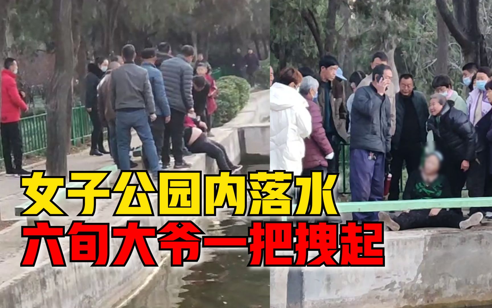 女子公园内落水六旬大爷一把拽起：看到这个情况应该去救的