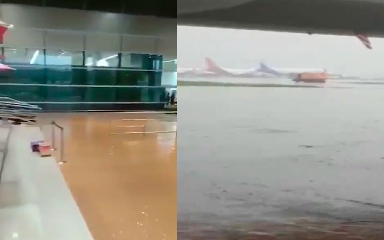 印度首都遭暴雨袭击：积水倒灌航站楼，跑道变小河飞机水中停