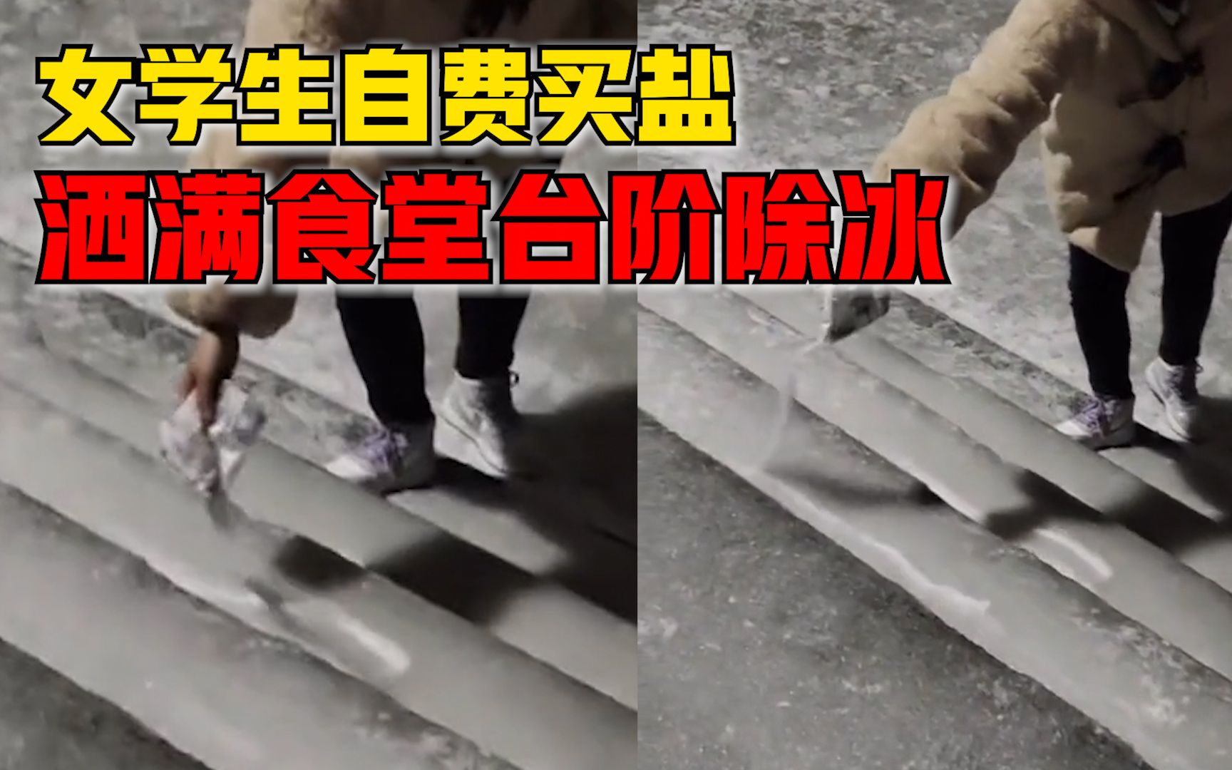 女生自费买盐撒食堂台阶除冰，同学：感觉特别暖，很有爱心