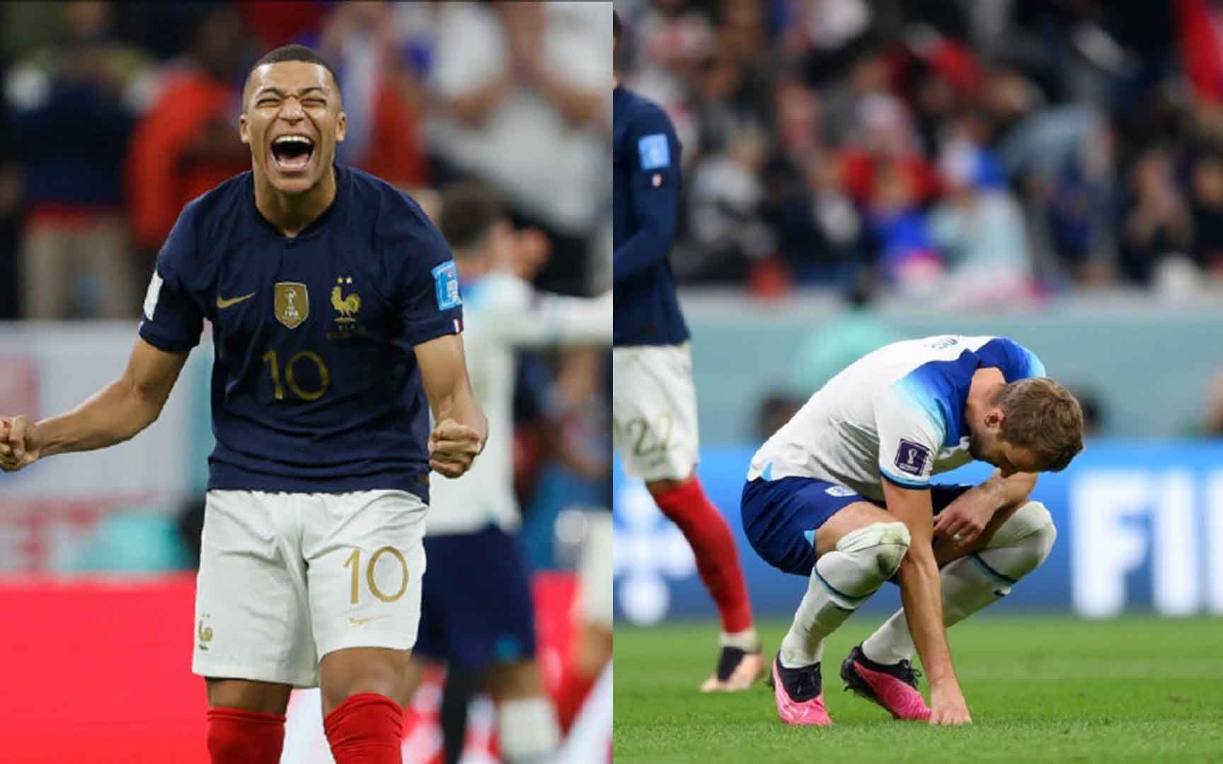 法国2-1淘汰英格兰晋级：凯恩射失点球蹲地哭泣，姆巴佩表情亮了