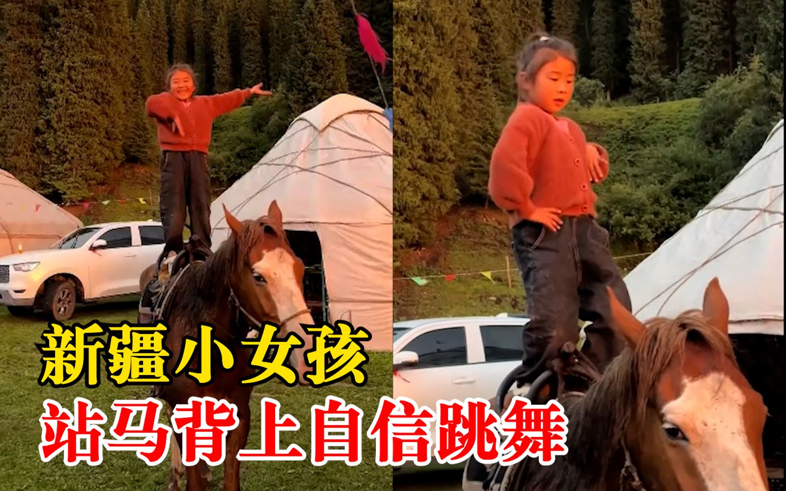 新疆小丫头马背上翩翩起舞，游客：太飒了
