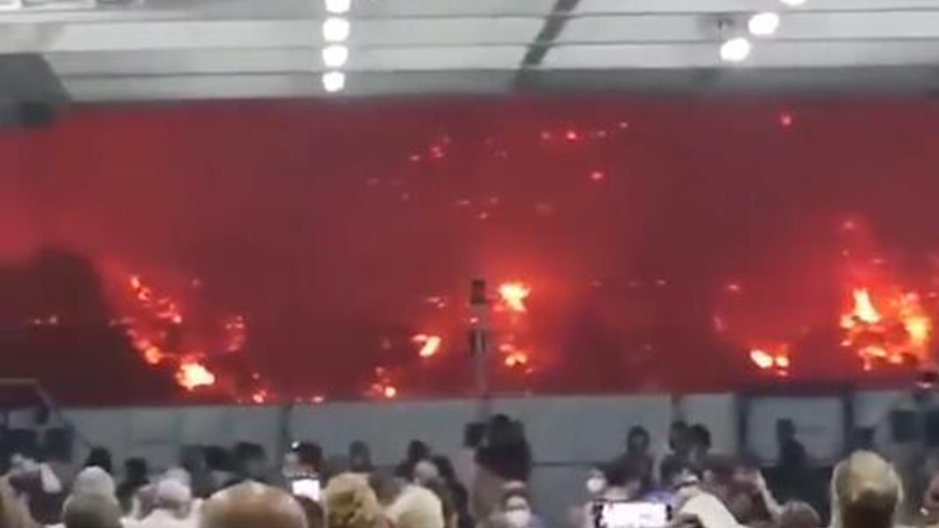 希腊千人乘船逃离山火 夜色中火海连成一片