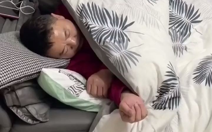 男子睡觉呼噜声太大被赶客厅 猫咪被迫捂住耳朵睡觉