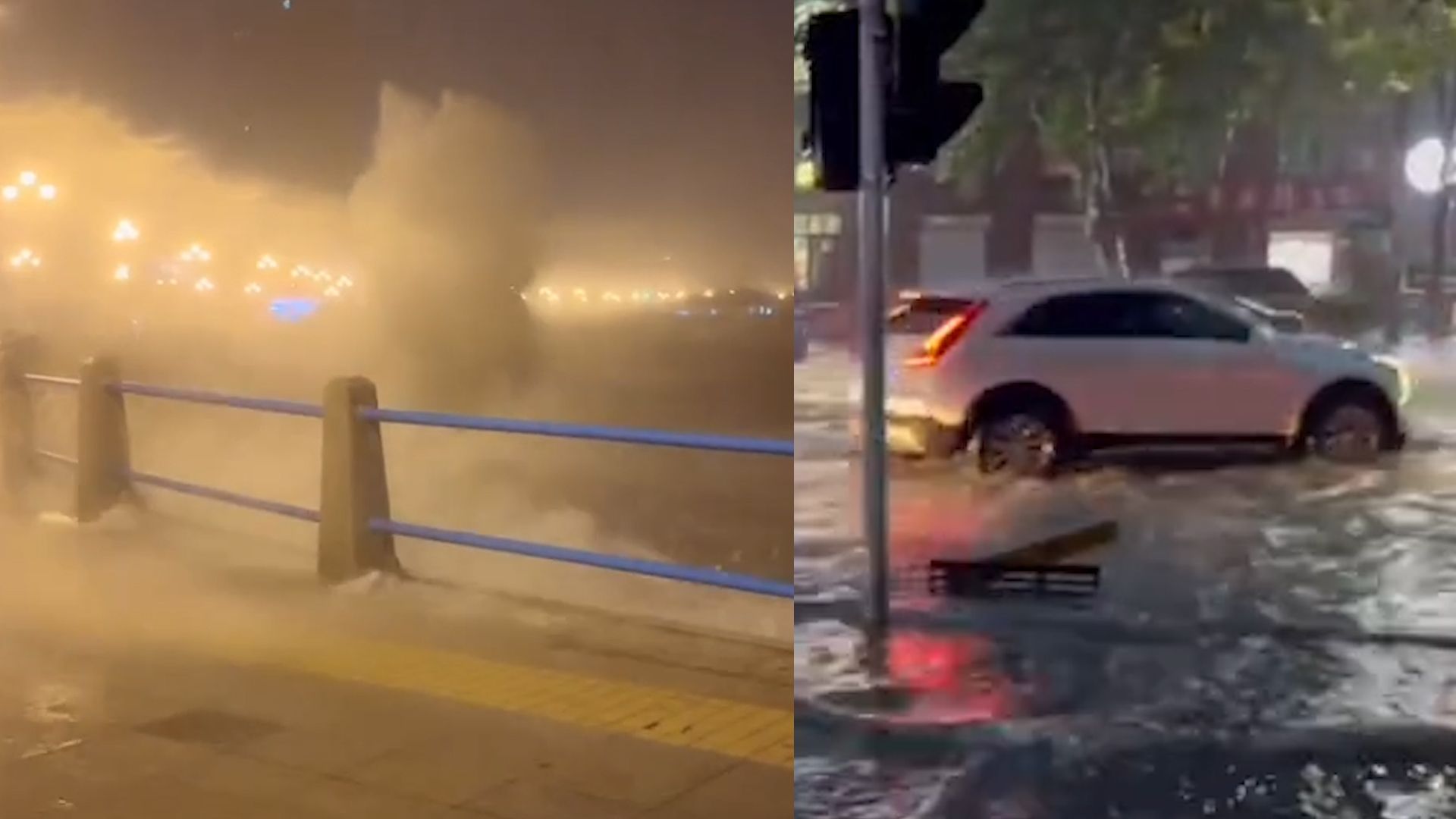 台风“梅花”逼近青岛：沿海大浪拍岸 街头积水严重开车如划船
