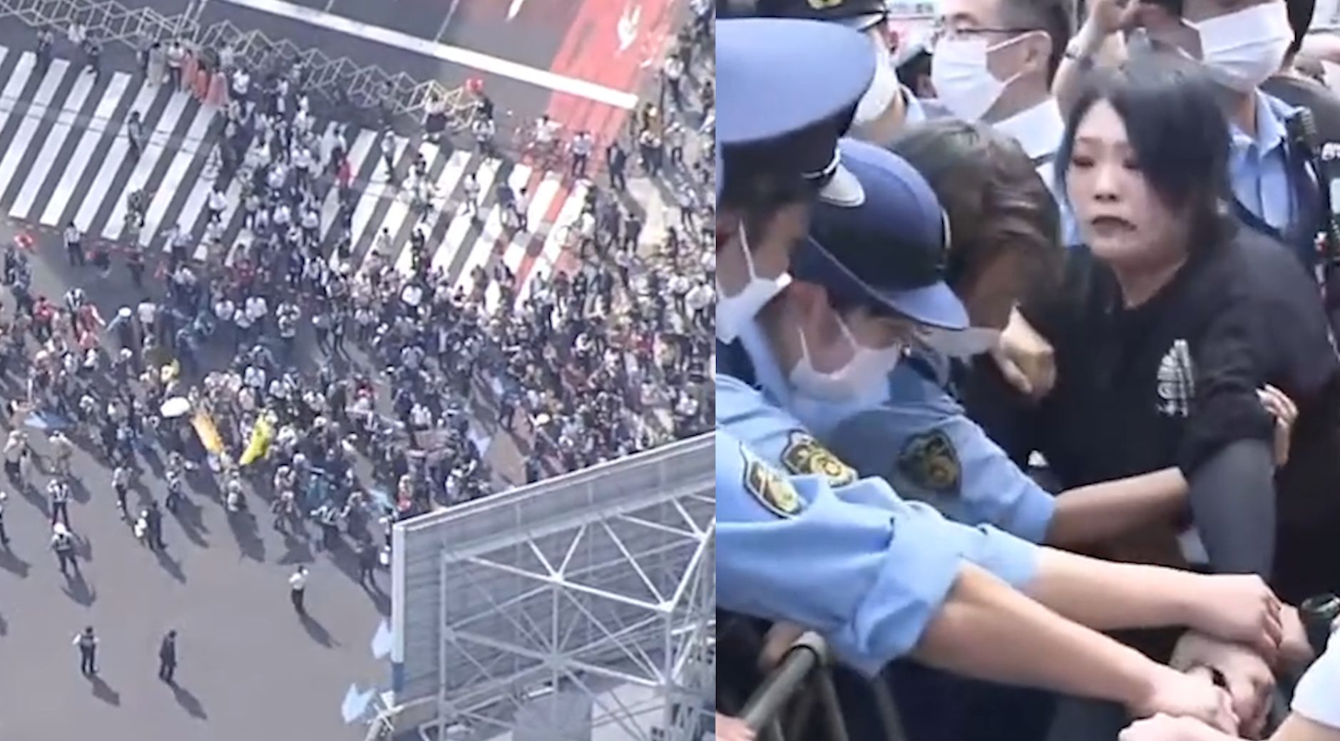 航拍安倍葬礼抗议现场：警民爆发肢体冲突 民众举标语高喊口号