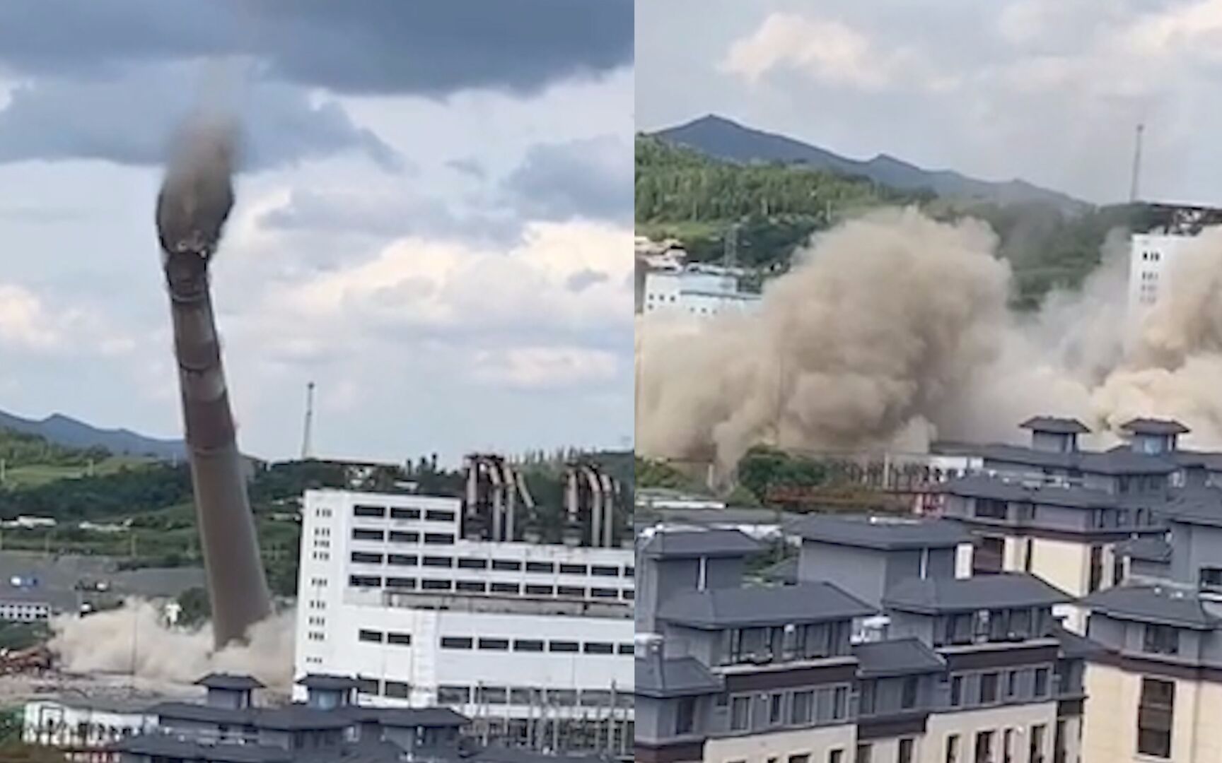 吉林白山210米发电厂烟囱完成爆破 已运行40余年 视频直击倒塌瞬间