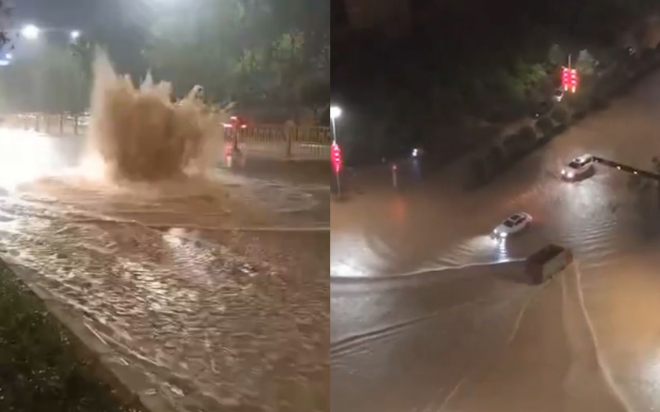 西安突降暴雨路面积水成河 水柱“井喷”多车被困熄火 交警救援