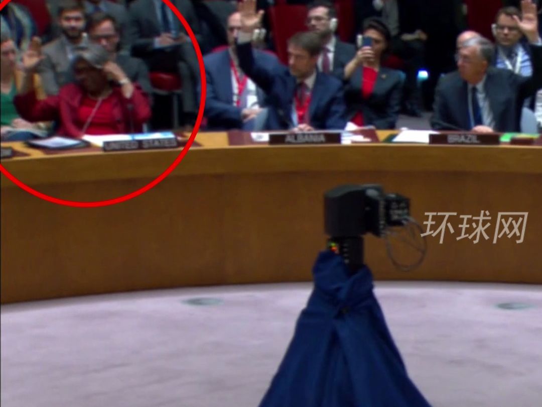 安理会投票现场，美国代表举手同意被身后同事打手制止，改投弃权票