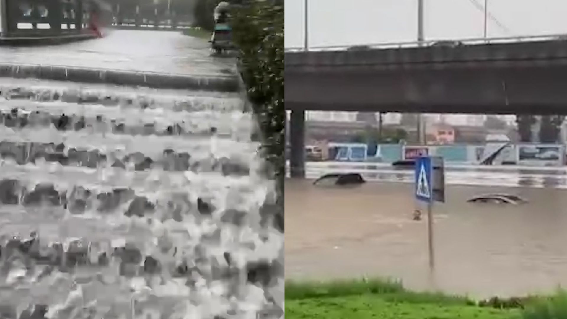 实拍青岛暴雨：台阶变“水瀑布”车辆泡水 防汛队伍紧急出动