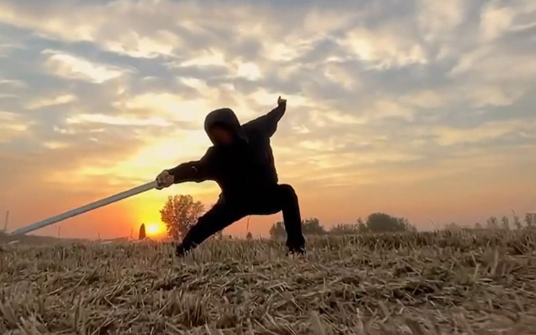 男子田间舞花剑，夕阳下身影恣意潇洒