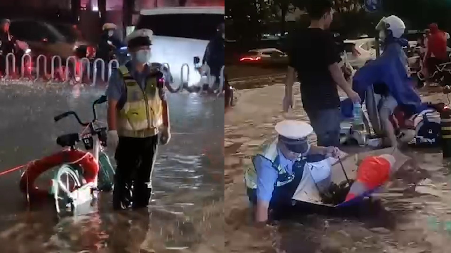 致敬逆行者！郑州暴雨交警站积水深处指挥交通 蹲地徒手清理污物