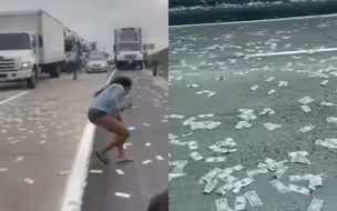 美国运钞车高速路上“掉钱”满地现金 众人纷纷停车捡钱现场混乱