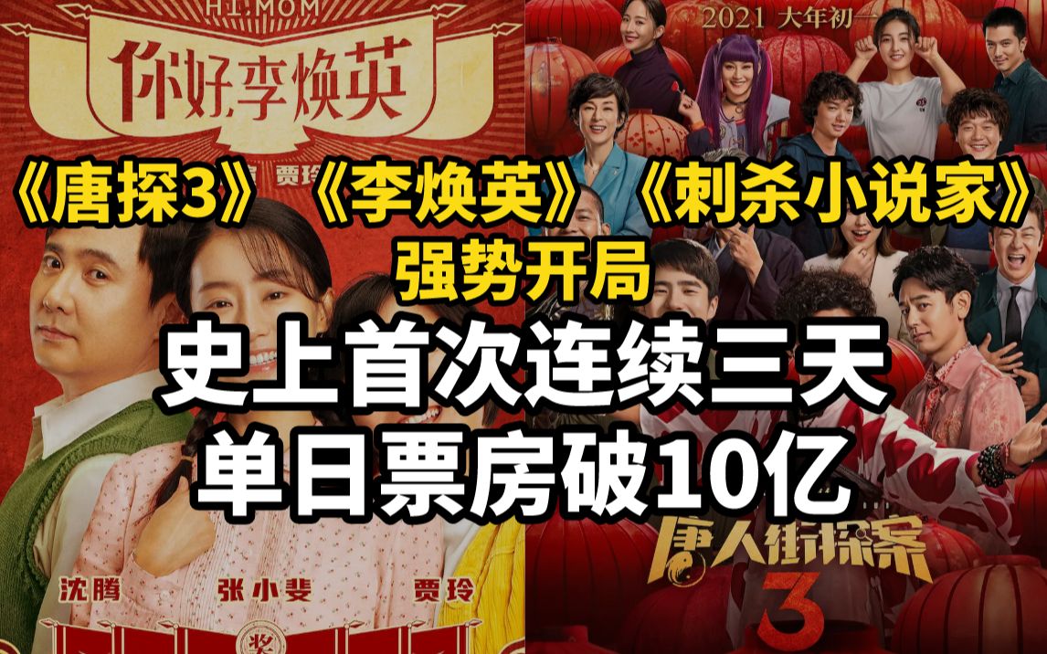 《唐探3》《李焕英》《刺杀小说家》强势开局，史上首次连续三天单日票房破10亿