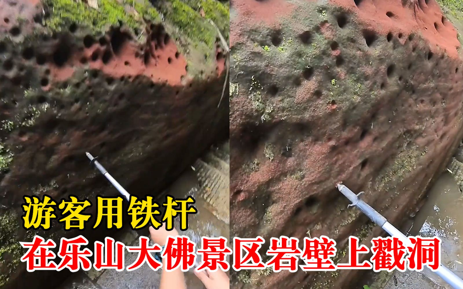 游客在乐山大佛景区岩壁上戳洞，工作人员：风化石不允许戳