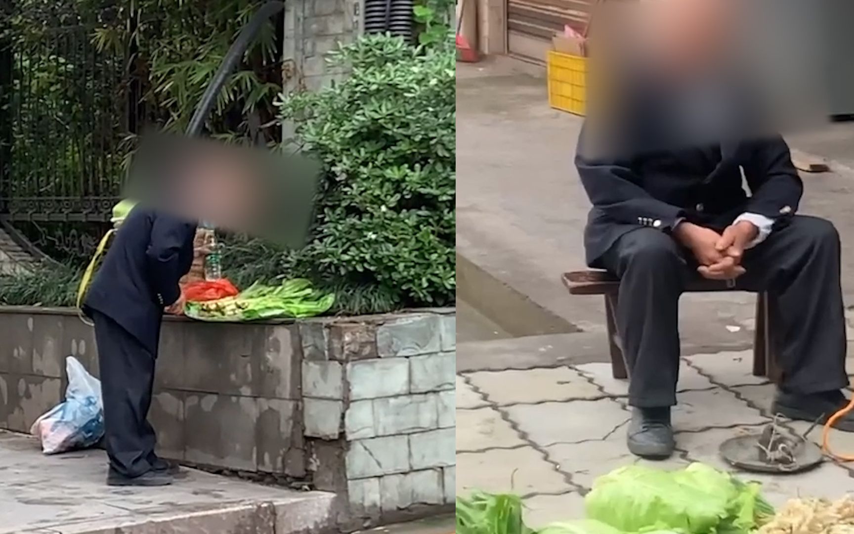 大爷街边卖菜用嘴喷水保鲜 网友：期待每个人都提高自身素质