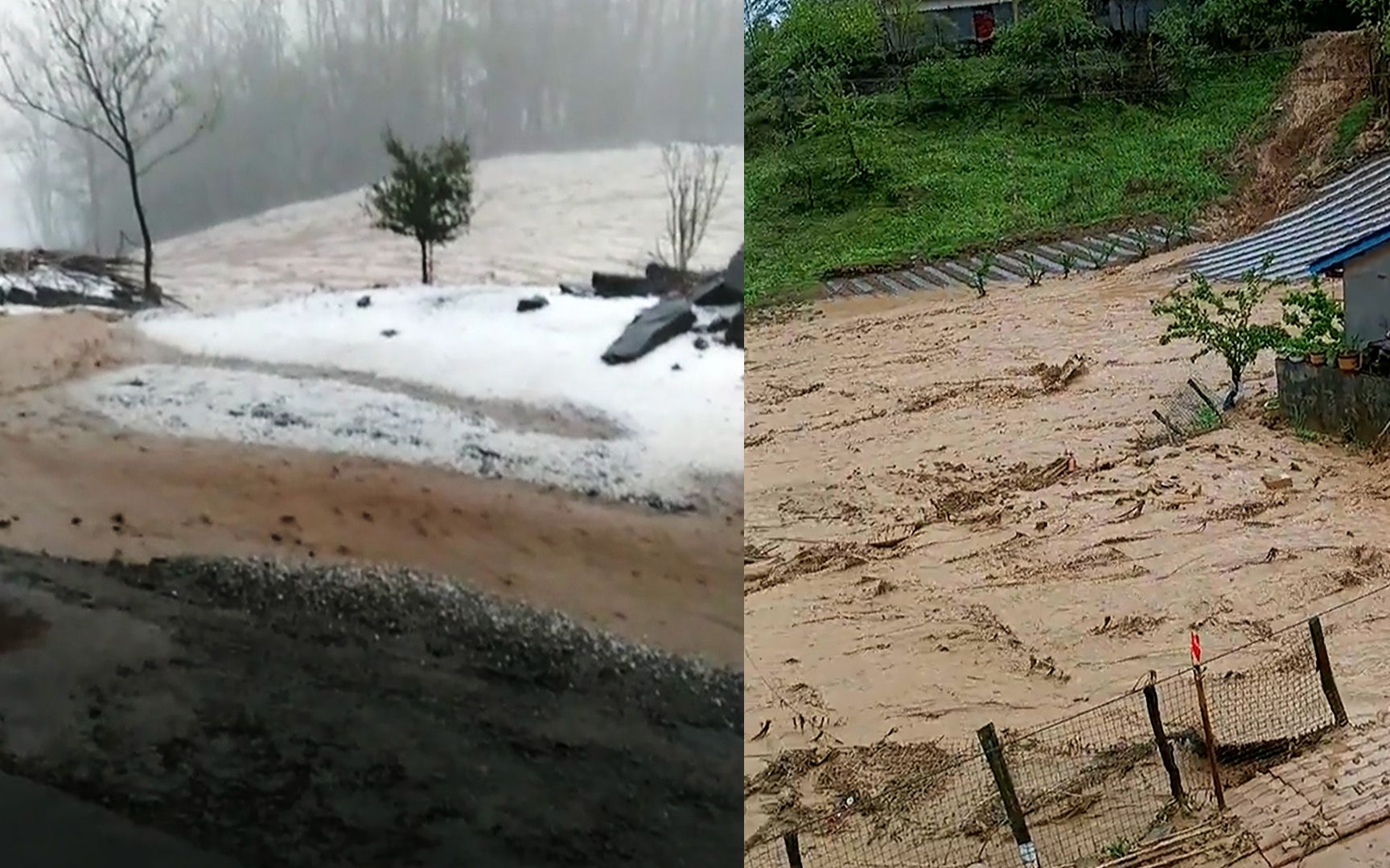 湖北宜昌等多地遭暴雨冰雹袭击 雹体堆积如雪，村庄内滚滚泥浆穿街