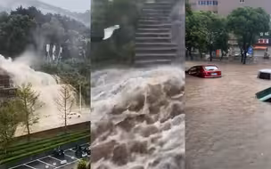 受台风影响，福州多地遭暴雨袭击：水从山上倾泻至道路车辆被淹