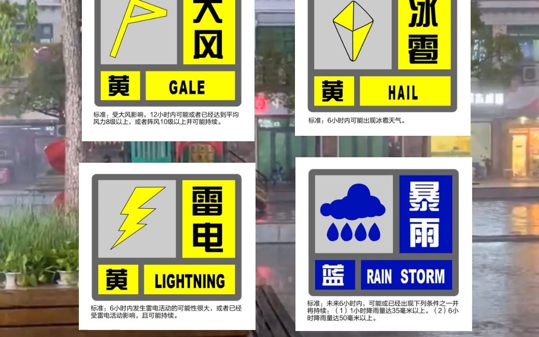 雷电+暴雨+大风+冰雹！ #上海 “一蓝三黄”预警高挂，部分公交、客轮停运停航。